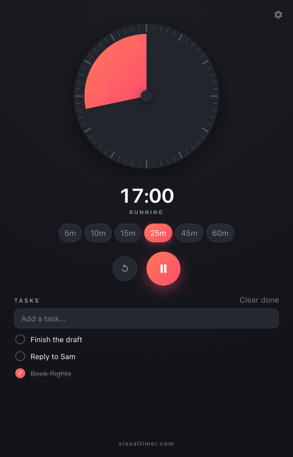 Visual Timer running a 25-minute countdown with a task list in Chrome's side panel