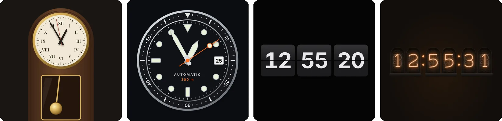 Pendulum clock, dive watch, flip clock and nixie tube clock designs on ClockFaces
